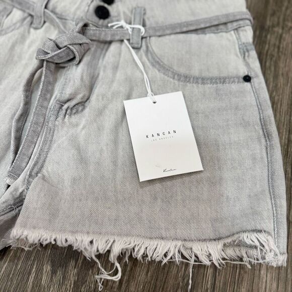 KanCan Tamsin Ultra High Rise Belted Light Gray Small Denim Shorts - Picture 2 of 4